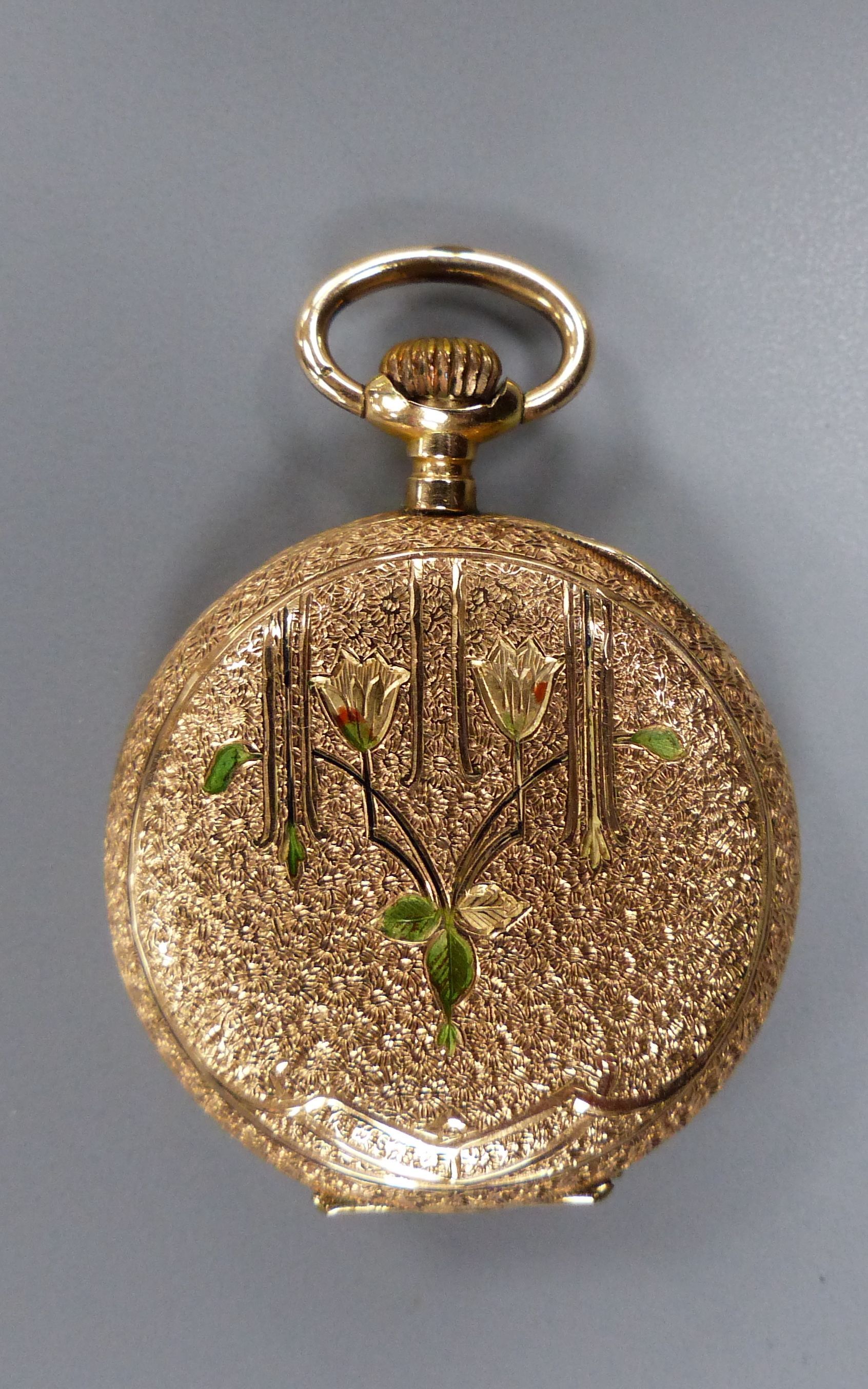 An early 20th century continental 585 yellow metal and enamelled fob watch, case diameter 30mm, gross 19.5 grams (a.f.).